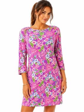 Lilly Pulitzer Sophie UPF 50+ Dress Pink Floral 3/4 Sleeve Shift Resort Size S